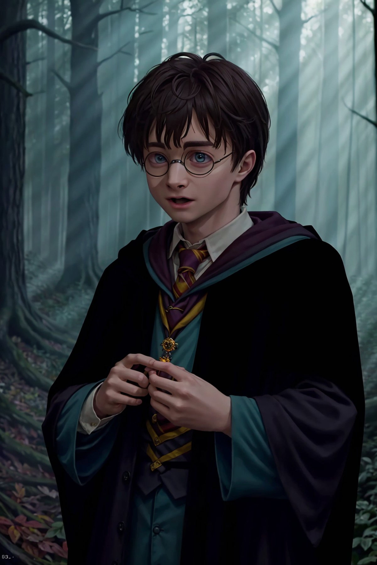 harry potter, standing in a magical dark forest wearing glasses and robes
(masterpiece:1.2) (photorealistic:1.2) (bokeh) (...